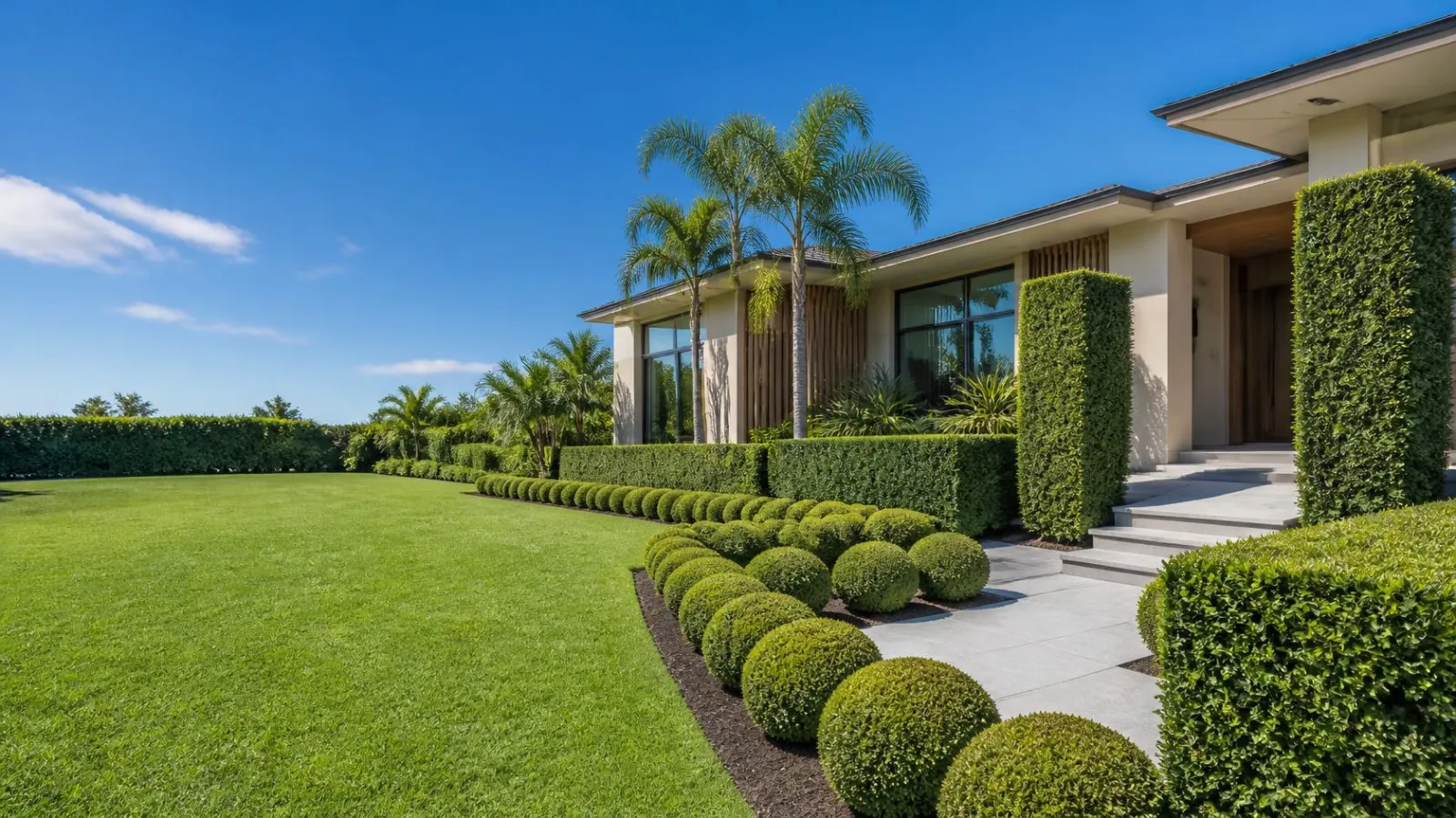Trimmed hedges and a mown lawn outside a modern home
